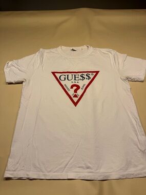 GUESS White Tee with Red Triangle Logo - Men